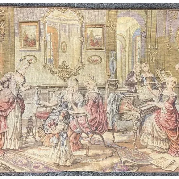 Antique French Woven Tapestry Wall Hanging Victorian Salon Party 34” X 18.5” - Picture 4 of 16